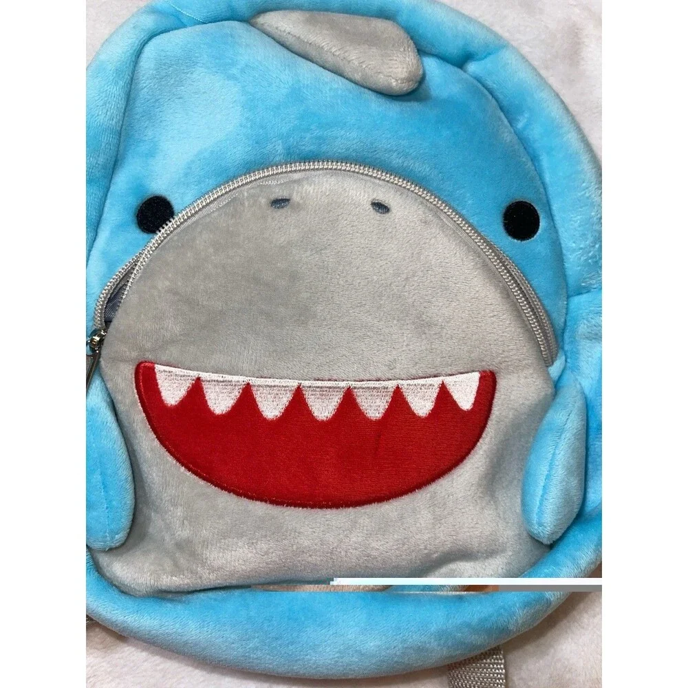 Kids Mini Plush Shark Backpack Blue Gray Red Zip, Adjustable Straps